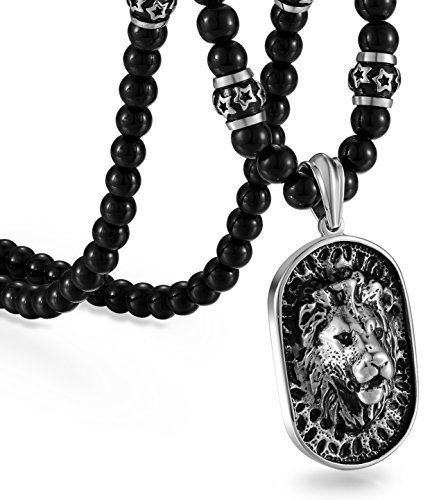 Cupimatch Herren Löwe Anhänger mit Halskette schwarz, Edelstahl Gotik Punk Rock Löwe Kopf Dog Tag Anhänger Achat Onyx Perlen Kette Kugelkette, 66cm (Tiere)