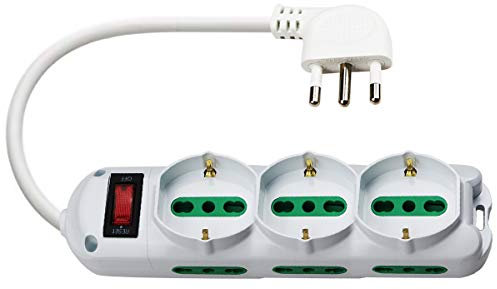 EXTRASTAR Ciabatta Elettrica Multipresa Protetta,Surge Arrest,con interruttore automatico di protezione,Spina 10 A,Prese 3 Italiana/Tedesca e 6 Bipasso 10/16A, Bianco,Cavo da 1.5m.