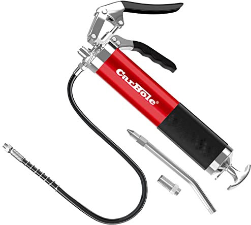CarBole Pompe à Graisse Manuelle,Pistolet à Graisse Professionnel Robuste à Poignée Pistolet de 8000 PSI avec Tuyau Flexible de 18|Rallonge Rigide de 6 |Buse Pointue (Rouge)