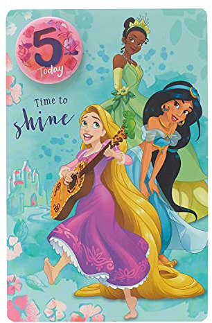 UK Greetings Disney Prinzessin Mädchen 5. Geburtstagskarte und Anstecker Time to Shine, Rapunzel, Tiana und Jasmin, 156 x 222 mm, grün, lila, gelb, rosa, 673682
