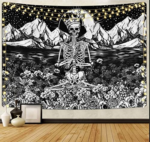 Schwarzer und Weißer Wandteppich mit Sonne und Mond, Totenkopf-Tapisserie, Heimdekoration für Schlafzimmer (D, 150 x 130 cm)