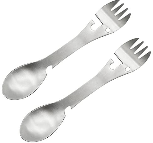 Pinenjoy 2Pcs Camping Multi-Function Spork 5 in 1 Spoon Fork Knife Can Bottle Opener Combo 18/10(304) Stainless Steel Protable Utensils for Outdoor Picnic Hiking Fishing Boating BBQ Travel