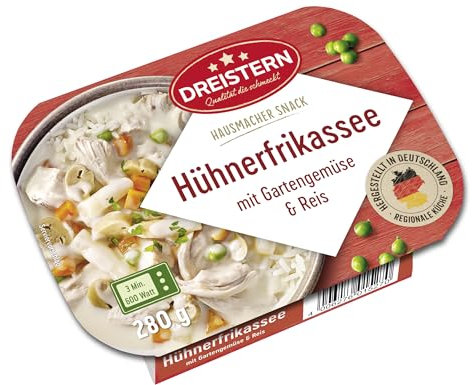 DREISTERN Hühnerfrikassee 280g I Mit Gemüse & Reis I Herzhaftes Fertiggericht in Mikrowellenschale I Lange Haltbarkeit dank natürlicher Konservierung I Hausmacher Qualität