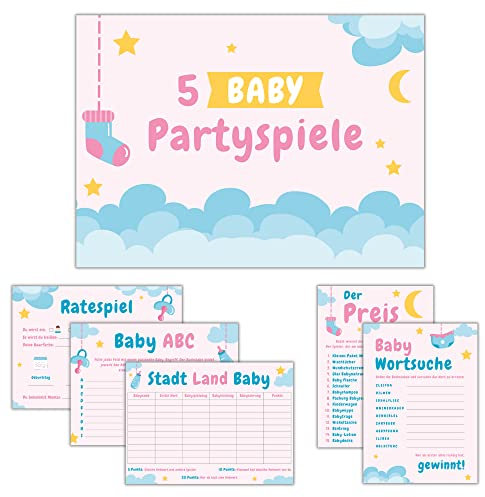 JEKA Babyparty Spiele (Spielset Pink/Blau), Babyshower Spiele Set, 5 witzige Babyparty-Spiele (je 10 Stück), Babyparty Geschenk, Babyparty Karten zum Ausfüllen, Partyspiele Babyshower