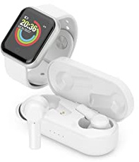 Ledwood Wireless Bluetooth Earphone + Urban Smart Watch – Touch Earphones – Voice Assistance – App Included – IPX65 Watch – Compatible with iOS/Android (White)