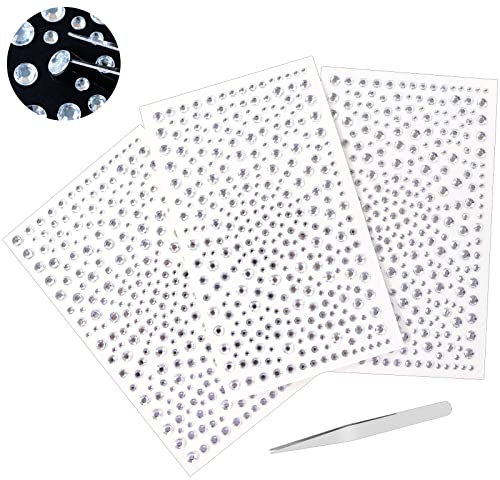 Hanyousheng 975 Stück Strasssteine Selbstklebend, Glitzersteine Selbstklebend, 3 Blatt Glitzer Strass Aufkleber, Größe Mixed Strasssteine für DIY Handwerke, Gesicht, Nägel Deko, mit 1 Pinzette