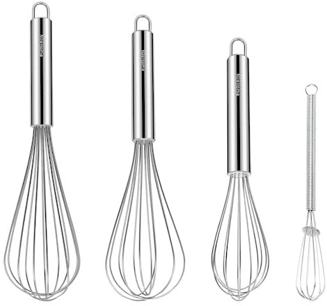 NileHome Juego de batidores de acero inoxidable de 8, 10 y 12 pulgadas, batidor de cocina, batidor de globos, batidor de alambre para cocinar, batir, mezclar, batir, agitar, paquete de 4