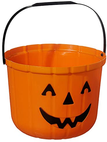 Halloween Sammeleimer mit Henkel | Süssigkeiten Eimer orange | Eimer im Kürbis Look mit Gruselgesicht | Ø18cm H 15cm