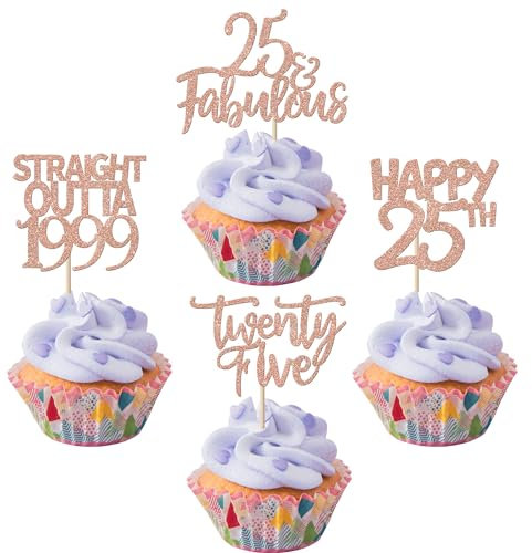 24 Stück Cupcake-Dekorationen Cheers to 25 Years Glitzer Twenty-five Straight Outta 1998 Cupcake Picks Happy 25th Cake Decorations for Happy 25th Birthday Anniversary Party Supplies Rose Gold