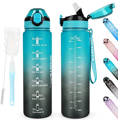 AOHAN Bouteille d'eau de 1 L sans BPA avec paille, passe au lave-vaisselle, couvercle anti-fuite, bouteille d'eau motivante avec marquages de temps, non toxique