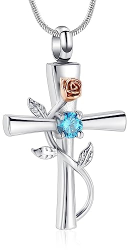 Minicremation Cross Urn Necklace for Ashes Birthstone Rose Flower Cremation Jewelry for Women Gilrs Keepsake Memorial Ashes Pendant