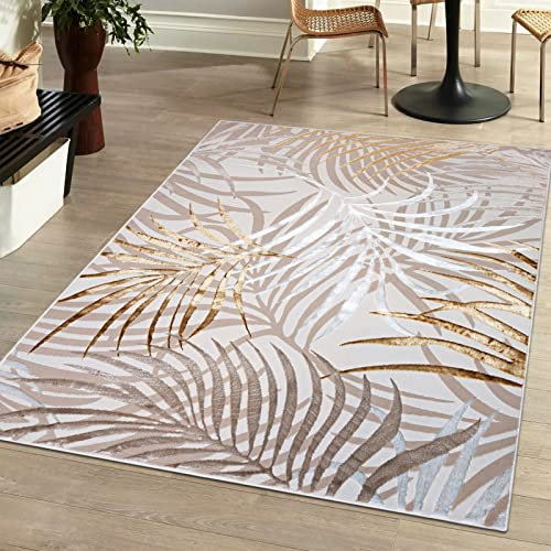 Mazovia Modern Teppich Wohnzimmer, Kurzflor elegant glänzender - Palmenzweige Feder - Wohnzimmerteppich in Beige Creme mit Gold 120 x 170 cm