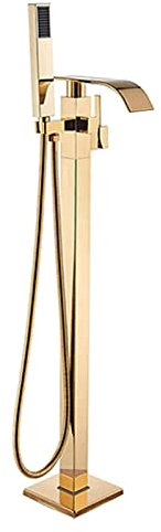Yalsfowe Robinet de baignoire ilot, robinet de baignoire cascade avec douchette, robinet de baignoire monotrou, indépendant robinet de baignoire à poignée unique, mitigeur de baignoire,D'or