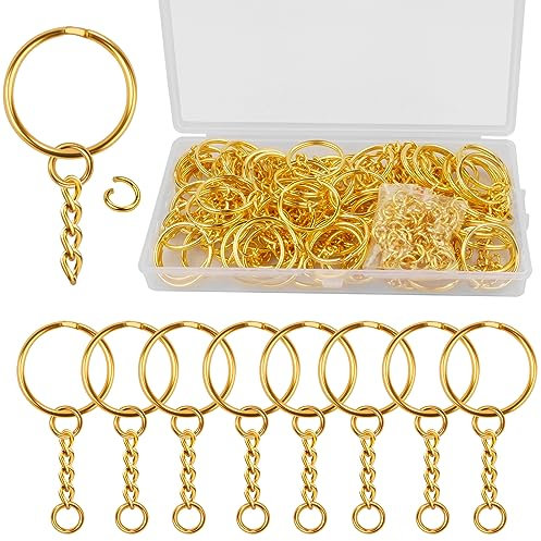 80PCS Key Chain Rings with Chain and 80PCS Open Jump Rings Metal Splits Key Ring Hoops (25mm) with Chain for DIY Other Crafts Jewelry Making, Keyring Making Gold