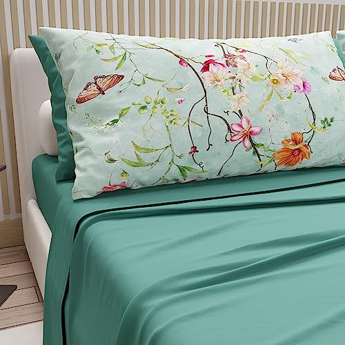 PETTI Artigiani Italiani -Lenzuola Matrimoniali in Cotone con Federe in Stampa Digitale, Per Letto Matrimoniale, Completo Lenzuolo Sopra e Sotto con Angoli, Ottanio, 100% Made in Italy