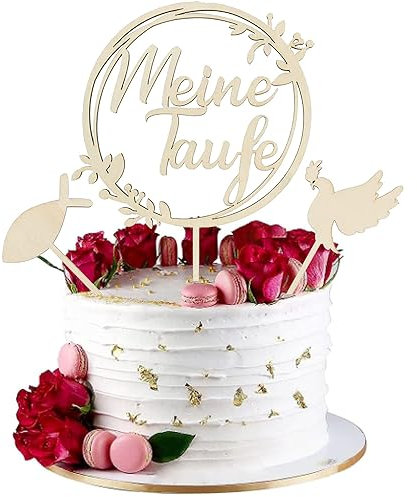 RabbFit Cake Topper Christening Wooden My Christening Cake Topper Dove Fish Cake Decoration Party Decoration for Boy Girl (Wreath) Party Dekoration für Junge, Mädchen, Taufe, Babyparty, Babydusche
