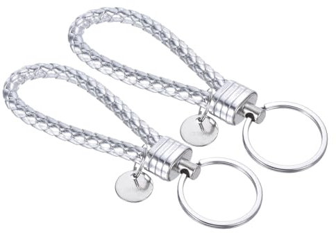 PATIKIL Geflochtener Leder-Schlüsselanhänger mit Edelstahl-Schlüsselringhülse, 2er Pack PU-gewebtes Schlüsselringhalter für Auto, Tasche, Geldbörse, Anhänger, Silber