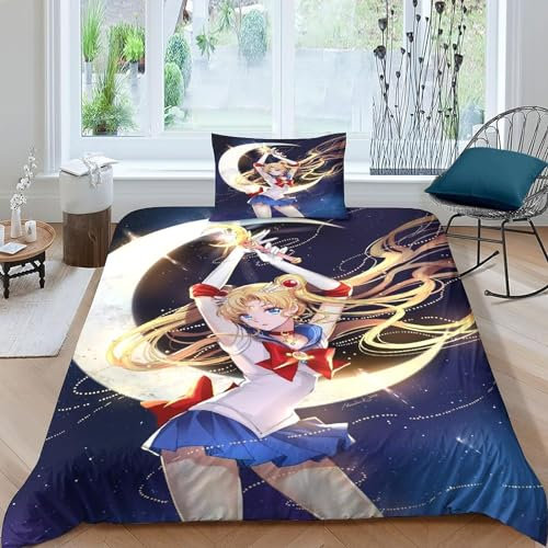 WolWes Anime Bettwäsche 135×200CM,Kinder Bettbezug Set Mit Kissenbezügen 80×80 cm,Japanisches Anime Moon Girl,Mikrofaser Bettbezug, Für Kinder Jungen und Mädchen(C1)
