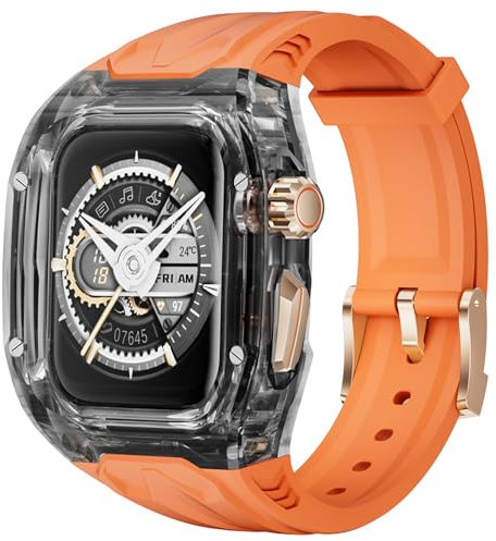 Delidigi Strap with Clear Case Compatible for Apple Watch 44mm 45mm, Men Rugged Case Protective Bumper Cover with TPU Band for iWatch SE3 Series 9 8 SE2 7 6 SE 5 4(NO SCREEN PROTECTOR INCLUDED!)