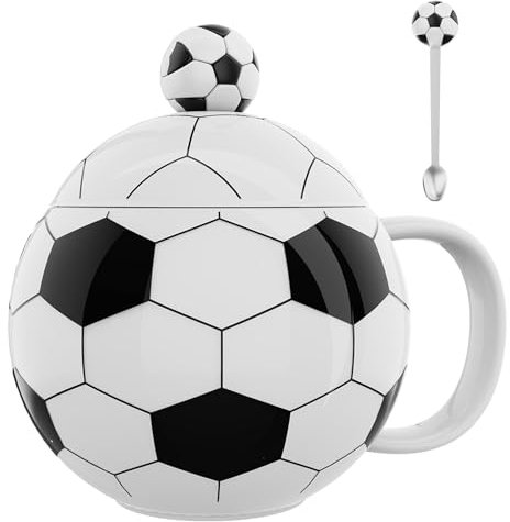 ZONSUSE Tazza da Calcio, Tazze da Caffè Sferica, Mug Colazione Divertenti, con Coperchio e Cucchiaio, Idee Regalo Calcio per Uomini Donne Ragazzi Ragazze Compleanni Natale 400ml (Nero)