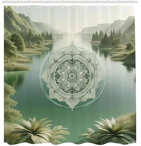 ABAKUHAUS Salbeigrün Duschvorhang, Bohemian fühlt Sich psychedelisches Mandala mit Chill Szene See und Wald, Stoffliches Gewebe mit Haken, 175 x 200 cm, Schieferbraun Dämmerung Türkis