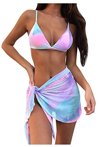 Bikini Mit Rock Damen Set 3 Teilig Bunt Batik Bikini Sets Sexy Neckholder Bikini Brazilian Style Oberteil Bikini Strandmode Badeanzug Knappe BH + String Tanga + Boho Rock Set Damen Mehrfarbig L