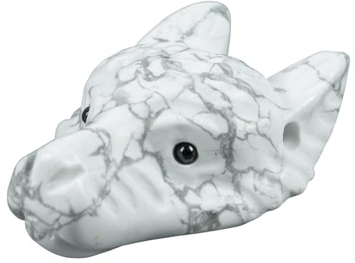 Lovionus89 Natürlich Weißer Howlit Türkis Wolf Kopf Stein Statue, Mini 40mm Tier Heilung Kristall Tasche Skulptur