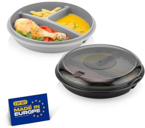 Winkly® Lot de 3 Assiette Plate Incassable avec 3 Compartiments Assiette à Dîner Divisée Allant au Micro-ondes et au Lave-vaisselle Assiette pour Enfants Familiale Séparée (Noir&Gris&Blanc)