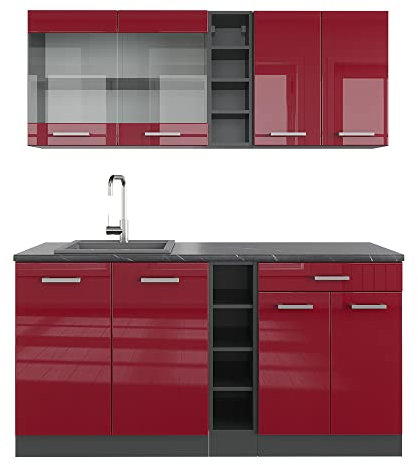 Vicco Singleküche R-Line, Bordeaux Hochglanz/Anthrazit, 160 cm, AP Anthrazit