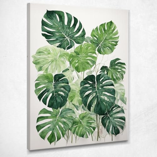 CheQuadro! Quadro botanico minimalista, soggiorno decorazione, Foglie di Monstera Acquerello Minimalista, stampa su tela, intelaiato pronto da appendere btn20-40x30 cm