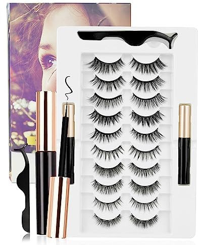 MOXTOYU 10 Pairs False Eyelashes, No Glue Natural Magnetic Eyelashes with 2 Tubes of Magnetic Eyeliner Reusable Long Lasting Waterproof Magnetic Eyelashes with Eyeliner Easy to Wear