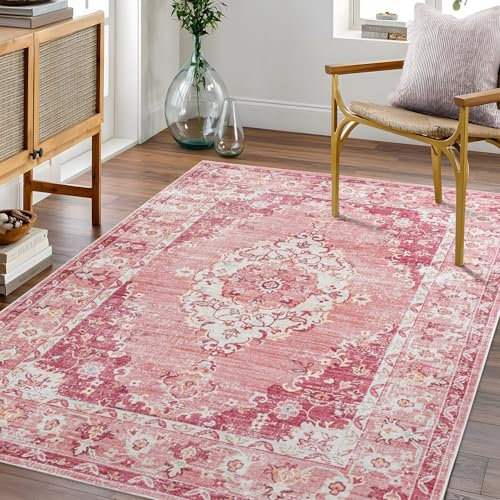 Taleta Grand tapis vintage lavable et antidérapant pour chambre à coucher, cuisine, salle à manger (rose, 120 x 170 cm)