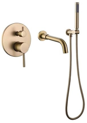 XJTNLB Unterputz Badewannenarmatur Wandmontage Duscharmatur Einhebelmischer Gebürstetes Gold 360° Schwenkbar Wasserhahn Badewanne mit Brause Armatur Dusche Set