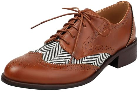 rismart Mujeres Clásico Cordones Puntas de Alas Tacón Grueso Contrastante Oxfords Zapatos de Vestir Marrón, 38 EU