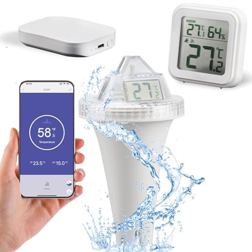 Poolthermometer mit Digitalem Thermometer, Wlan Gateway, Fernüberwachung, Wasserdicht Nach IPX7, für Eine Reichweite Von 90 Metern, Ideal für Pools, Spas, Whirlpools und Aquarien