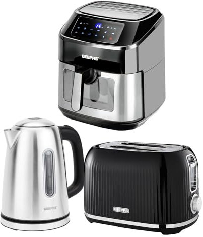 Geepas 1.7L Illuminating Electric Kettle 2 Slice Bread Toaster & 9.2L Digital Air Fryer Combo Kitchen Set | 2200W Stainless Steel Cordless Jug Kettle | 1000W Toaster | Vortex Oil Free Toaster Oven