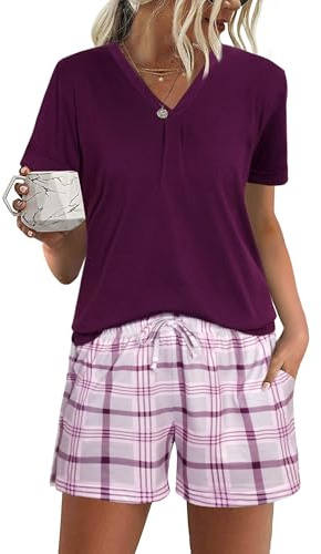 Jezonga Pigiama Donna Estivo Pigiami da Donna Cotone Corto Set Due Pezzi Casual da Notte Casa con V Leggero e Morbido