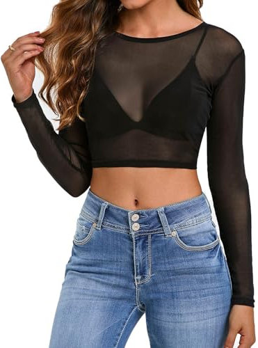 BARRU Top da Donna Camicie Sexy A Maniche Lunghe Top A Rete - Nero/M