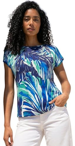 Roman Originals T-Shirt for Women UK - Ladies Tee Shirt Summer Top Holiday Day Causal Short Sleeve Blouses Round Crew Boat Neck Lightweight - Blue Abstract - Size 20