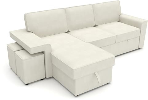 Dako Everly Reversible Corner Sofa Bed – 3-Seater with Pull-Out Sleeping Function, Storage, Hidden Pouffes & Armrest Shelf (Cream)