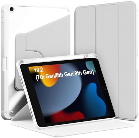 World biz Rotating Case for iPad 9th/8th/7th Gen, 10.2 inch (2021/2020/2019 Model) with Pencil Holder, 360 Degree Rotation Protective Trifold Stand Cover Clear Back, Auto Wake/Sleep (Grey)