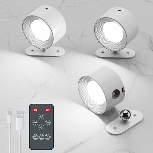 Coollamp LED Wall Light, 3Pack Wall Lamp with Remote Control 3 Color Modes 3 Brightness Levels 360°Rotate Magnetic, Battery Operated Wall Lights for Living Room Bedroom Reading