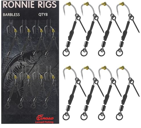 Luroad 8 Pcs Ronnie Rigs with Boilie Screws, Curved Barbless Barbed Carp Fishing Ronnie Rig Hooks with Teflon Coated, Hair Rigs for Carp Fishing