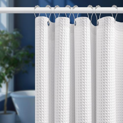 Uniclife Duschvorhang Weiß 180x200 cm wasserabweisend | Waffelstruktur, 100% Polyester, 12 rostfreie Ösen, inkl. 12 Haken, beschwerter Saum