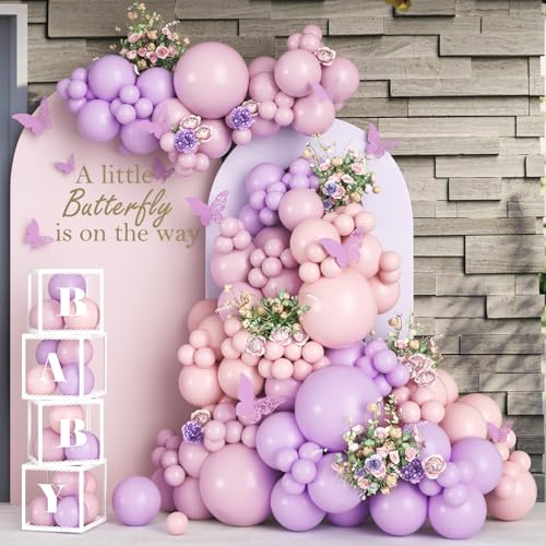 PtyPop 141 Stück Babyparty Deko Mädchen, Luftballon Girlande Rosa Lila Arch Kit mit Schmetterling Deko Baby Ballonbox für Schmetterling Geburtstagsdeko Kinder Mädchen Baby Shower Party Deko