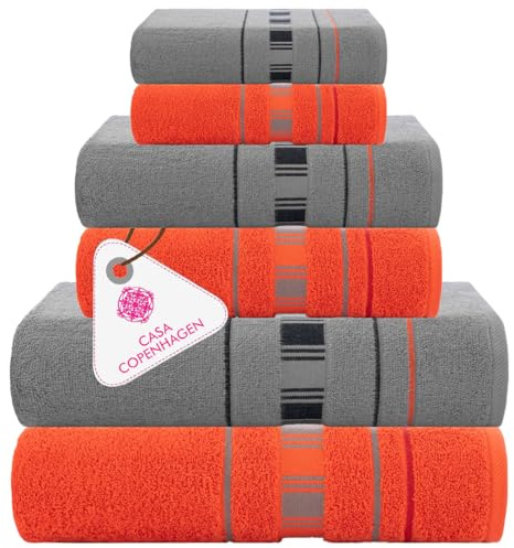 Casa Copenhagen X Lines Serviette en Coton égyptien de 600 g/m² pour hôtel, Spa, Cuisine et Salle de Bain, Lot de 6 pcs avec 2 de Bain, 2 Serviettes à Main et 2 Gants de Toilette- Rouge Gris