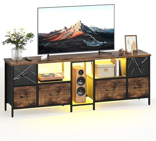 Bestier 160 CM TV Stand, suitable for 55/60/65 inch TVs, with 6 fabric drawers and LED lighting, perfect for living room/bedroom entertainment center, Rustic Brown
