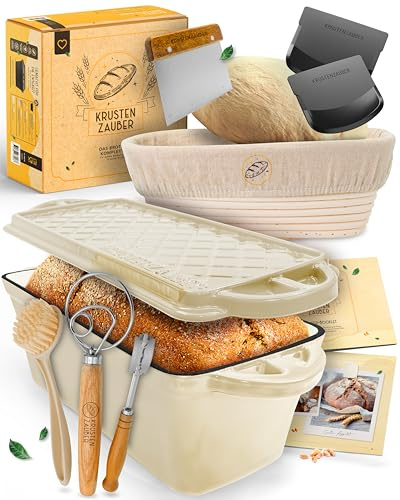 KRUSTENZAUBER Brotbackform mit Deckel im XXL-Set für selbstgebackenes Brot | Großes Brotbackset als Geschenk mit Gärkorb, Brotbackzubehör & Anleitung für den sicheren Einstieg und das erste eigene Brot