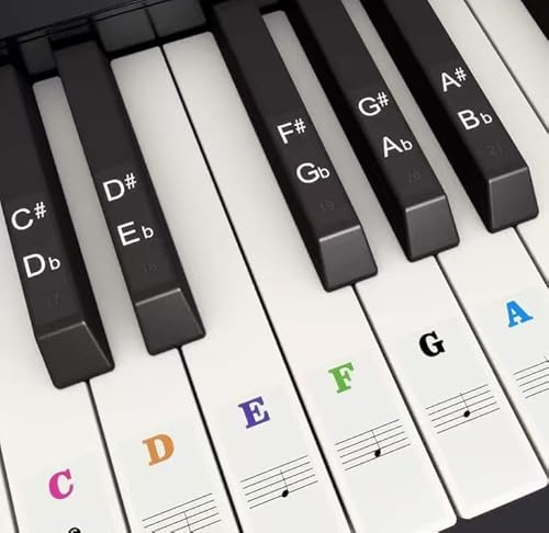 2 Sets Piano Keyboard Stickers for 37/49/54/61/76/88 White & Black Keys, Transparent Removable Colorful Note Labels, Universal Self‑Adhesive Music Key Identification Stickers for Kids Beginners