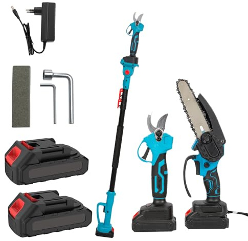 3 en 1 mini motosierra y podadora eléctrica inalámbrica de 3500 W, alta varilla telescópica de 2 m (6,56 ft), con 2 x 1,5 Ah baterías, cabezal giratorio de 180 ° para jardín, ramas, arbustos (B)
